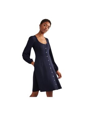 Boden NWT navy Tencel blouson longsleeve Jersey button front casual dress size 8